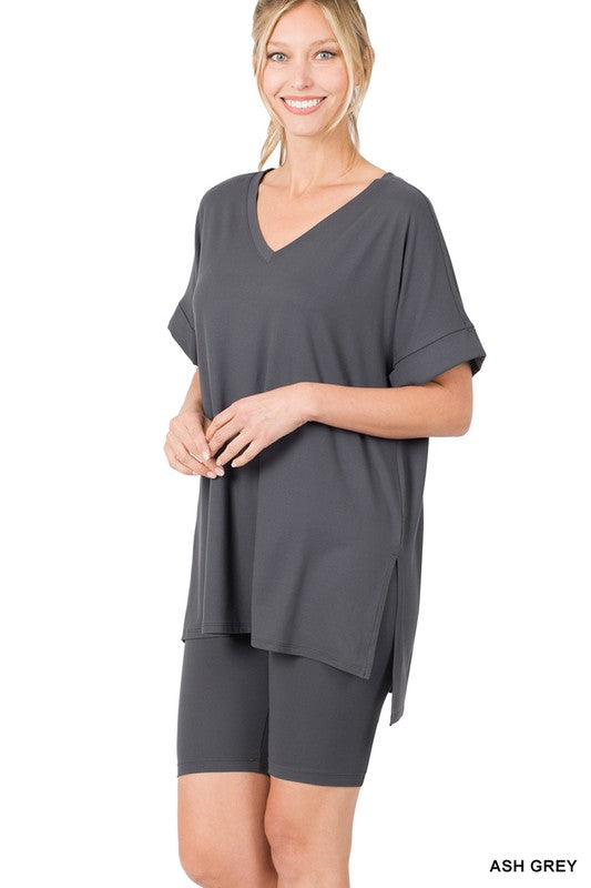 BRUSHED DTY MICROFIBER V-NECK TOP & BIKER SHORTS