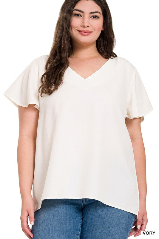 WOVEN FLUTTER SLEEVE V-NECK TOP