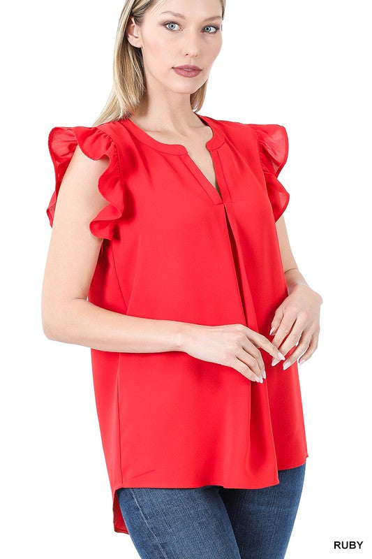 WOVEN WOOL PEACH RUFFLED SLEEVE HIGH-LOW TOP