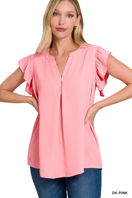 WOVEN WOOL PEACH RUFFLED SLEEVE HIGH-LOW TOP