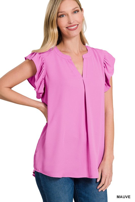 WOVEN WOOL PEACH RUFFLED SLEEVE HIGH-LOW TOP