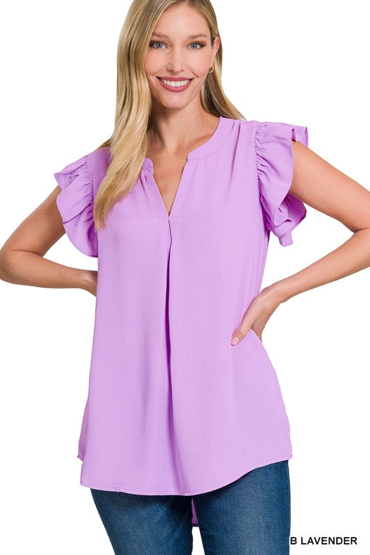 WOVEN WOOL PEACH RUFFLED SLEEVE HIGH-LOW TOP