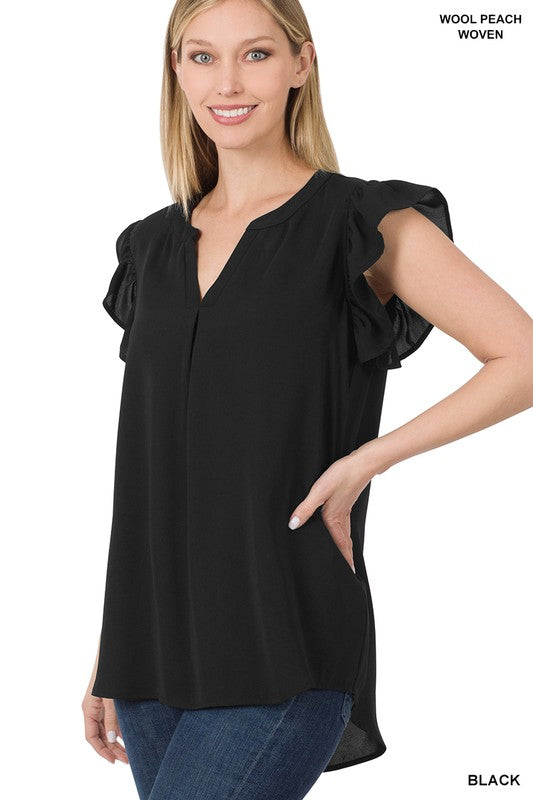 WOVEN WOOL PEACH RUFFLED SLEEVE HIGH-LOW TOP