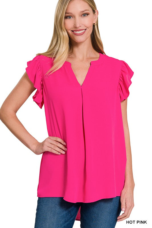WOVEN WOOL PEACH RUFFLED SLEEVE HIGH-LOW TOP