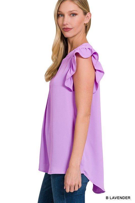 WOVEN WOOL PEACH RUFFLED SLEEVE HIGH-LOW TOP