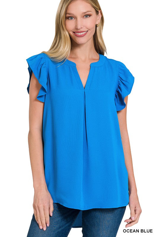 WOVEN WOOL PEACH RUFFLED SLEEVE HIGH-LOW TOP