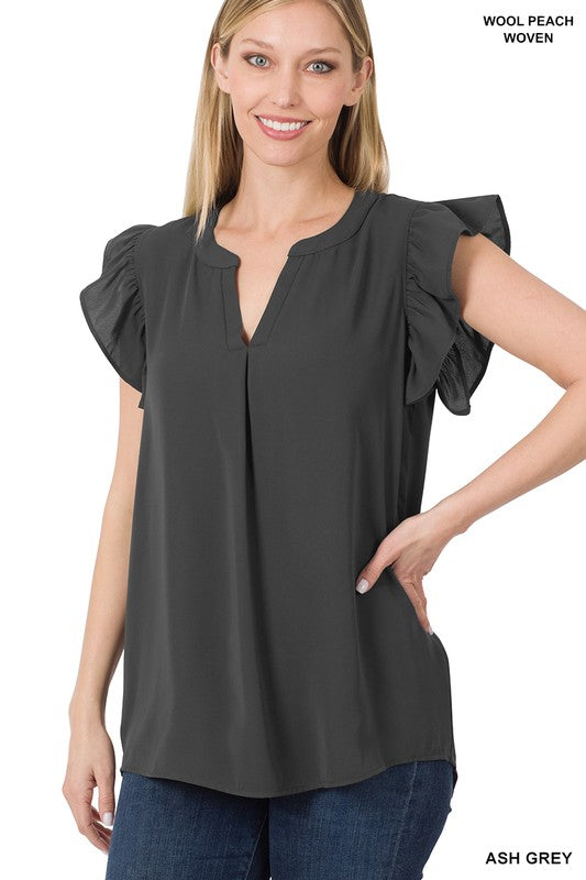 WOVEN WOOL PEACH RUFFLED SLEEVE HIGH-LOW TOP