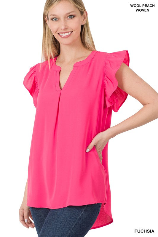 WOVEN WOOL PEACH RUFFLED SLEEVE HIGH-LOW TOP