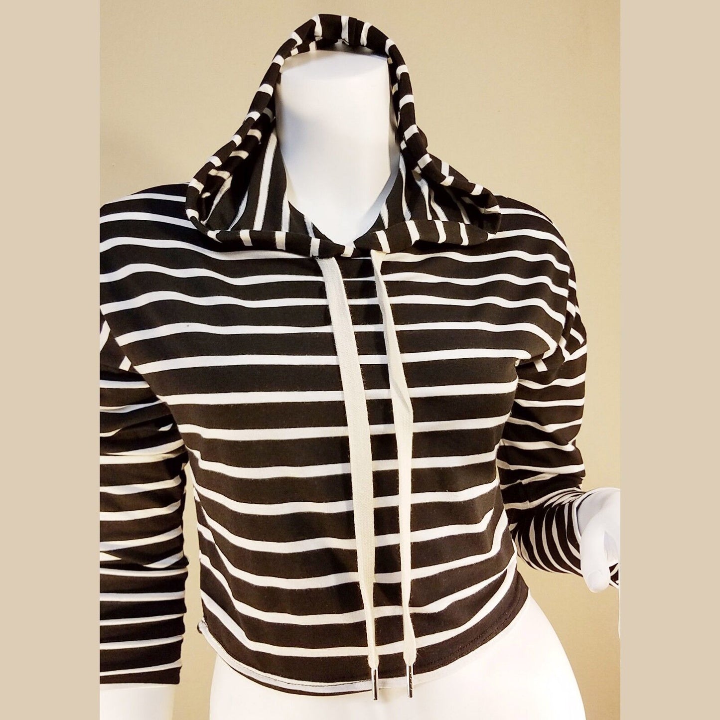 Women Stripe Hoodie Short Sweatshirt Sports Pullover Sweater Mint/Black