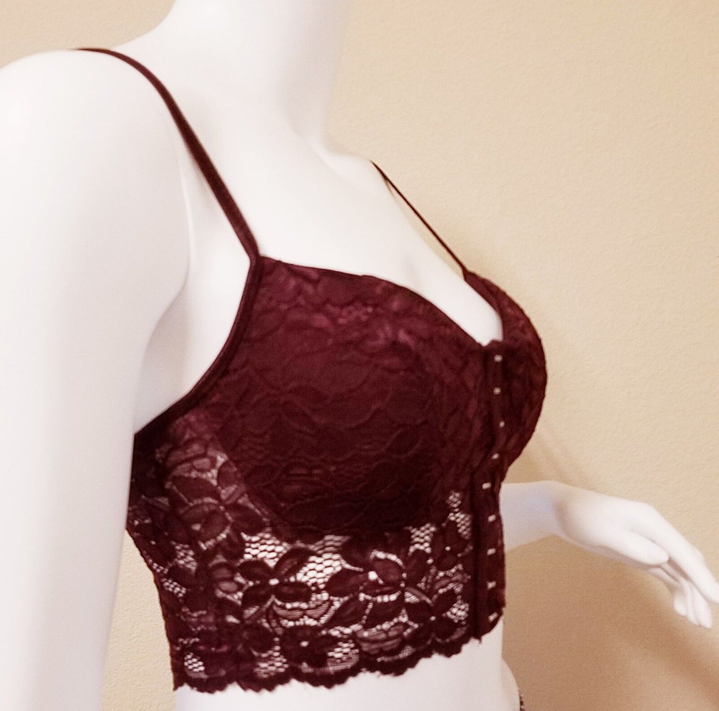 Hook & Eye Tape Front Lace Bralette Padded Top Crop Tank w/ Bra Pad