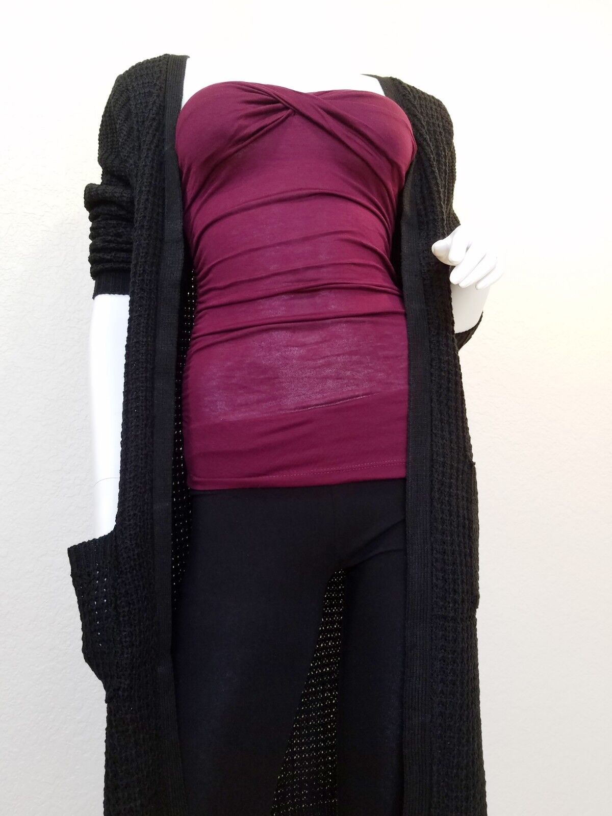 Waffle Duster Long Open Front Knit Cardigan w/Pockets Sweater Coat