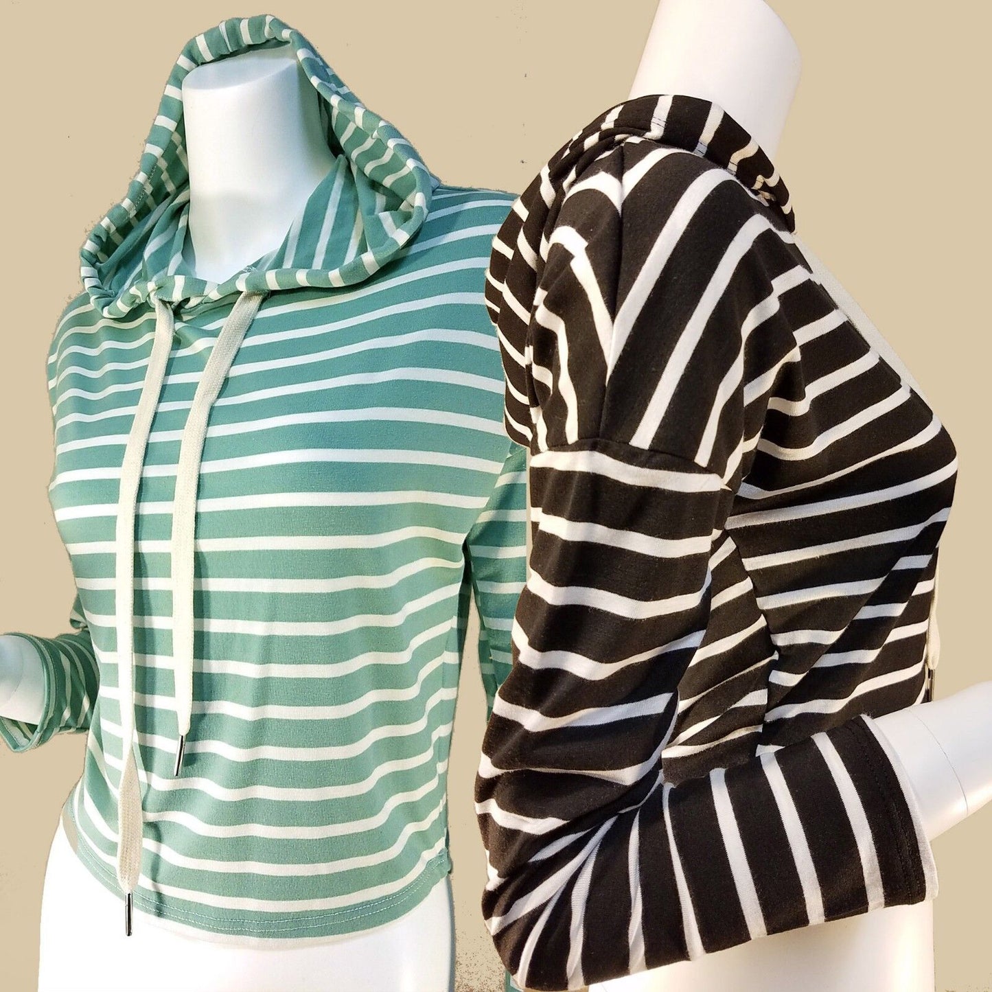 Women Stripe Hoodie Short Sweatshirt Sports Pullover Sweater Mint/Black