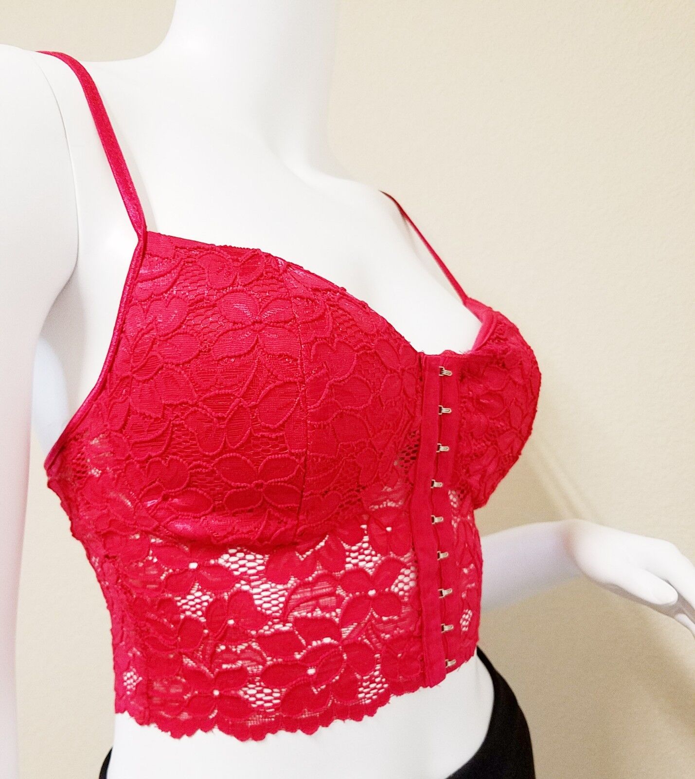 Hook & Eye Tape Front Lace Bralette Padded Top Crop Tank w/ Bra Pad