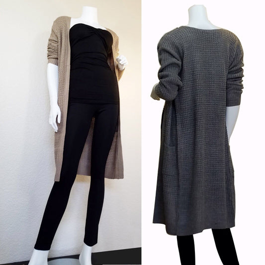 Waffle Duster Long Open Front Knit Cardigan w/Pockets Sweater Coat