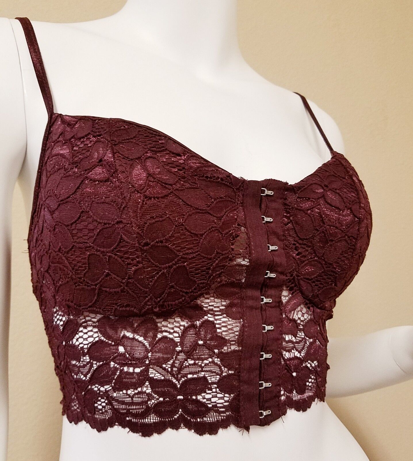 Hook & Eye Tape Front Lace Bralette Padded Top Crop Tank w/ Bra Pad