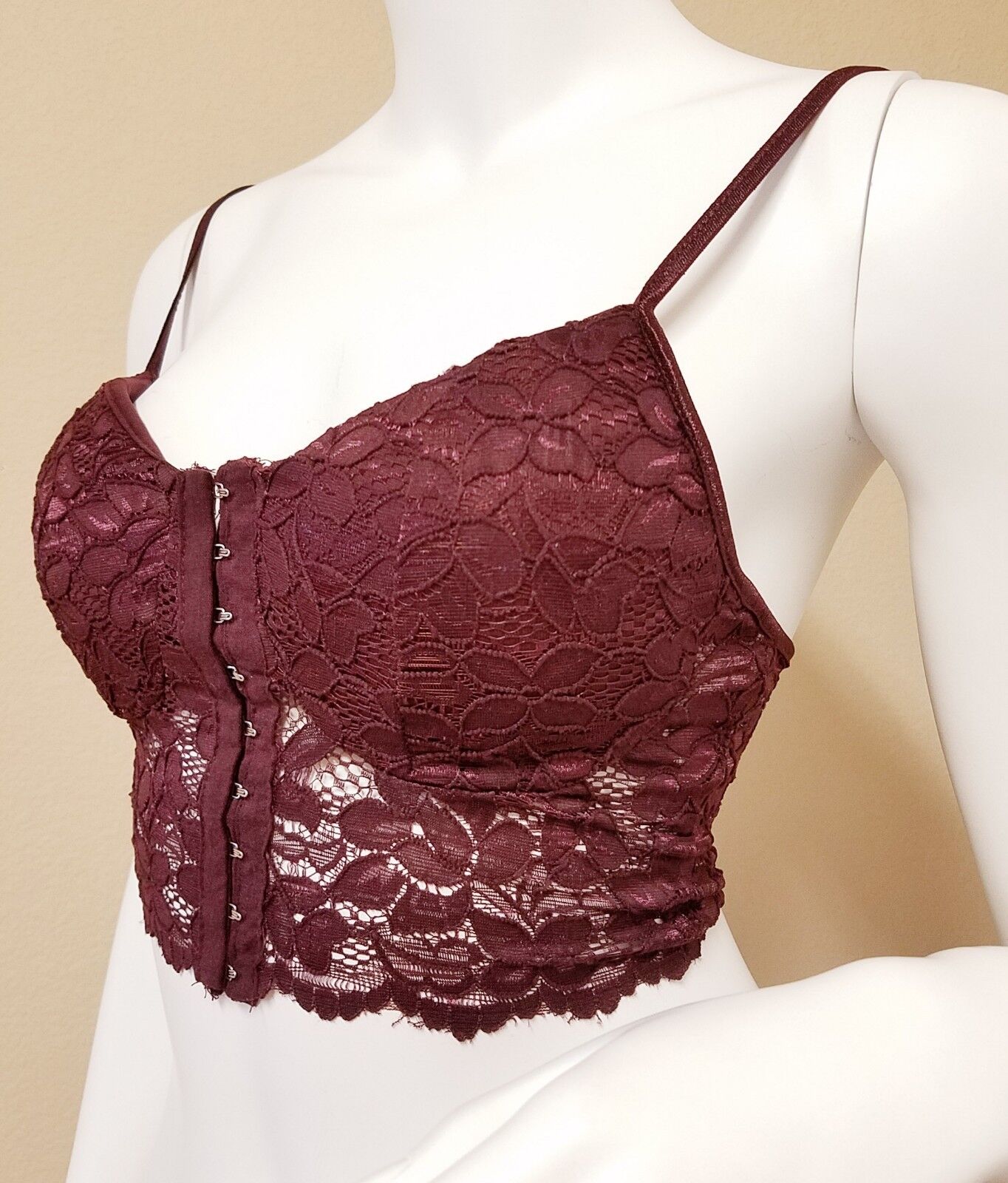Hook & Eye Tape Front Lace Bralette Padded Top Crop Tank w/ Bra Pad