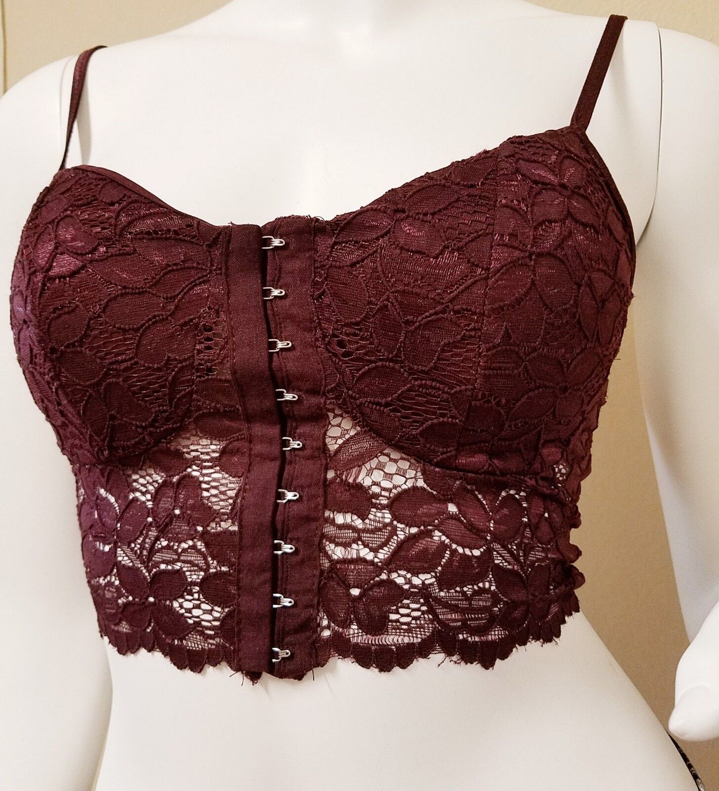 Hook & Eye Tape Front Lace Bralette Padded Top Crop Tank w/ Bra Pad
