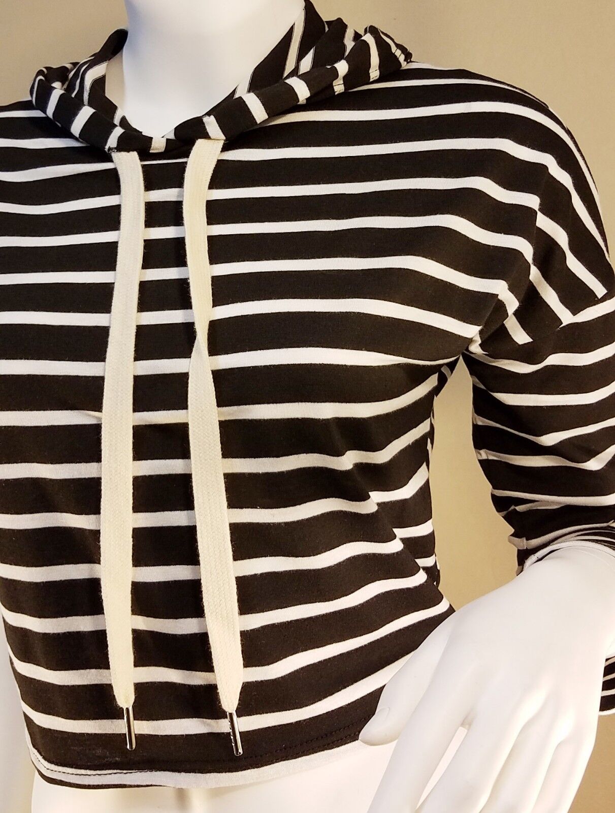 Women Stripe Hoodie Short Sweatshirt Sports Pullover Sweater Mint/Black