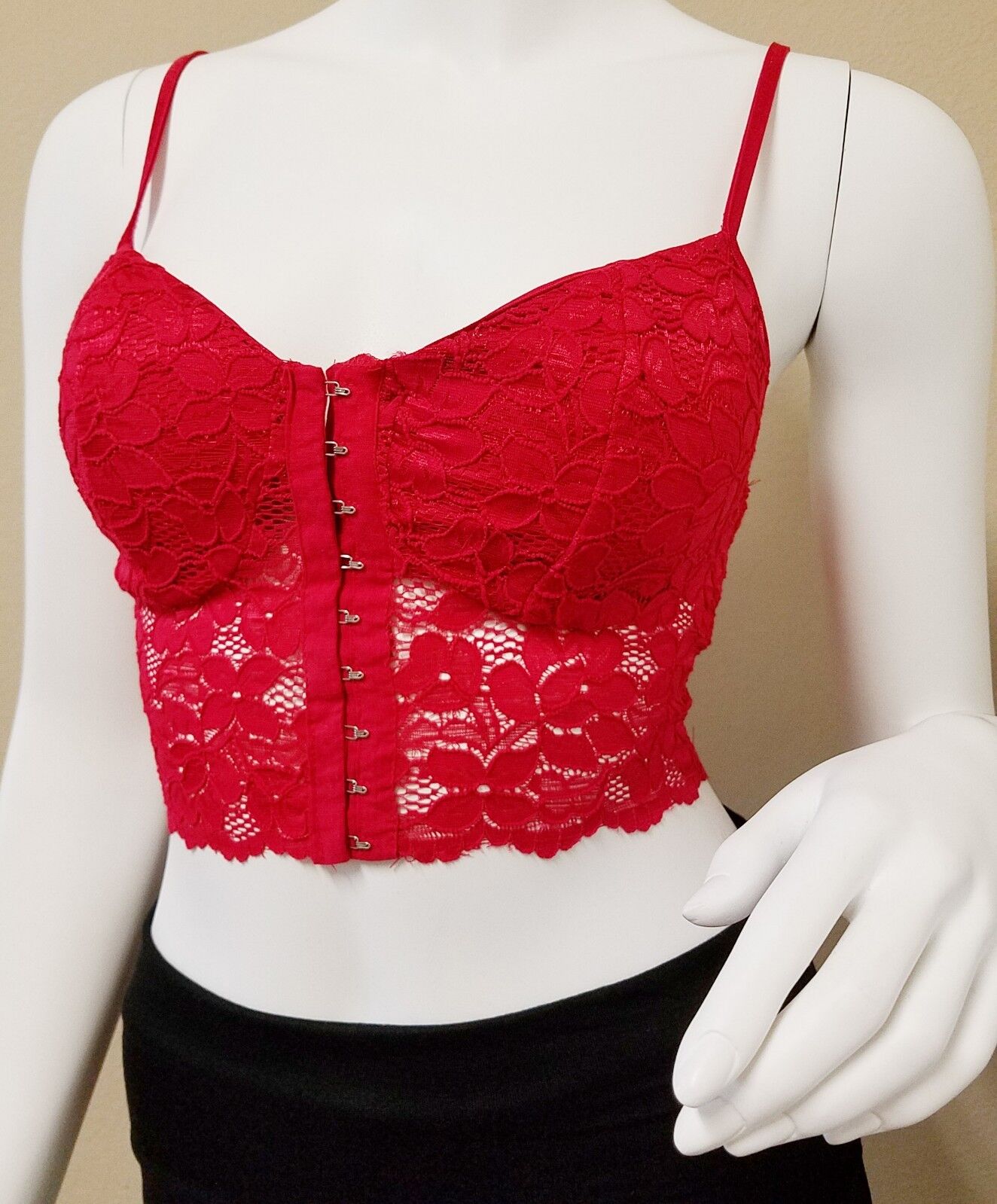 Hook & Eye Tape Front Lace Bralette Padded Top Crop Tank w/ Bra Pad