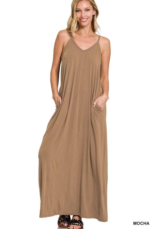 V-NECK CAMI MAXI DRESS WITH SIDE POCKETS