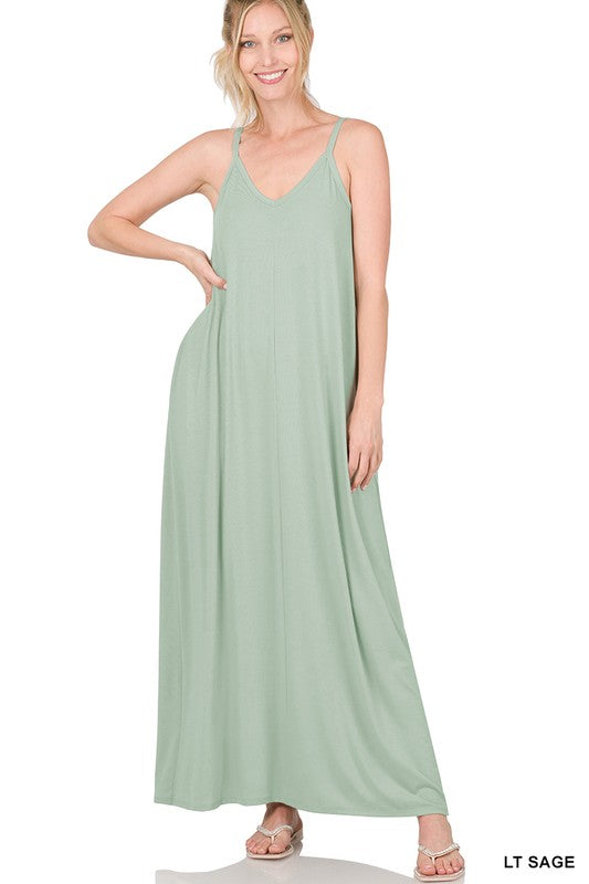 V-NECK CAMI MAXI DRESS WITH SIDE POCKETS