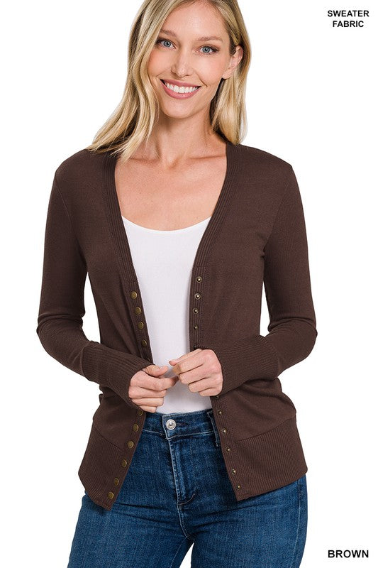 SNAP BUTTON SWEATER CARDIGAN WITH RIBBED DETAIL