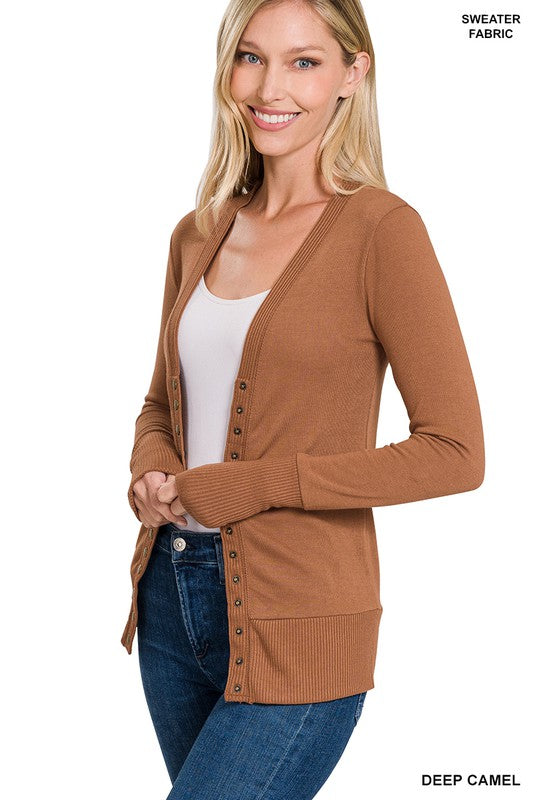 SNAP BUTTON SWEATER CARDIGAN WITH RIBBED DETAIL