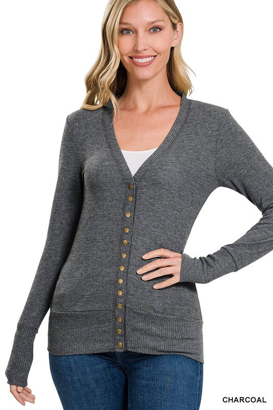 SNAP BUTTON SWEATER CARDIGAN WITH RIBBED DETAIL