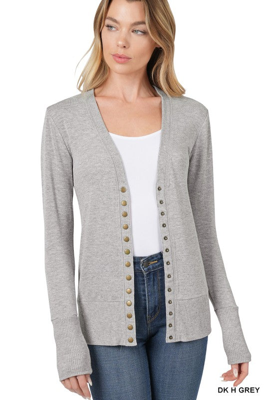 SNAP BUTTON SWEATER CARDIGAN WITH RIBBED DETAIL