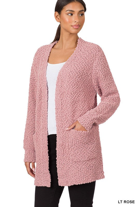 LONG SLEEVE POPCORN SWEATER CARDIGAN WITH POCKETS