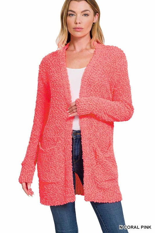 LONG SLEEVE POPCORN SWEATER CARDIGAN WITH POCKETS