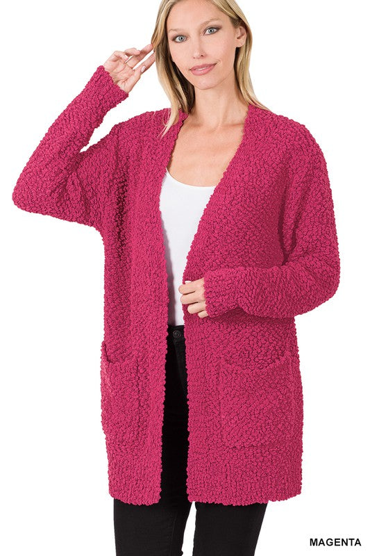 LONG SLEEVE POPCORN SWEATER CARDIGAN WITH POCKETS