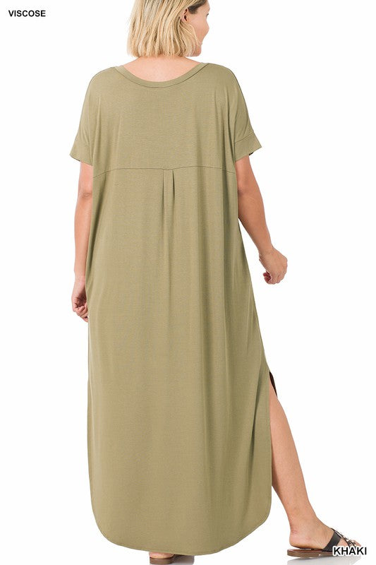 PLUS VISCOSE SIDE SLIT V-NECK MAXI DRESS