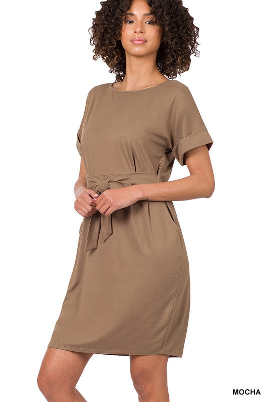 BRUSHED DTY TIE-BELT DRESS