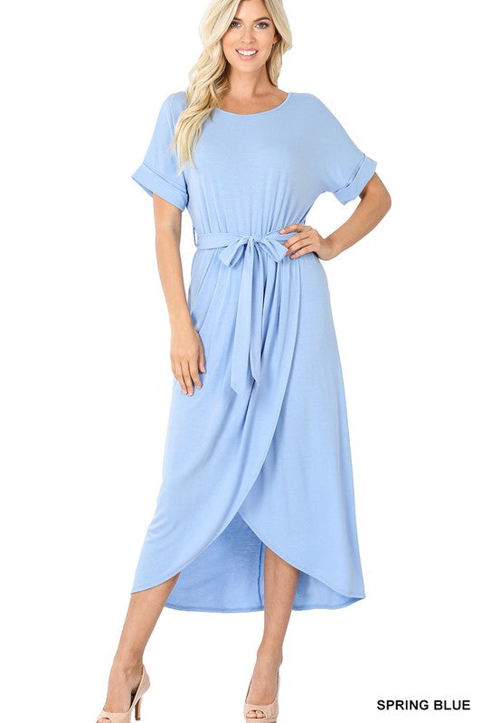 BELTED SHORT SLEEVE TULIP DRESS