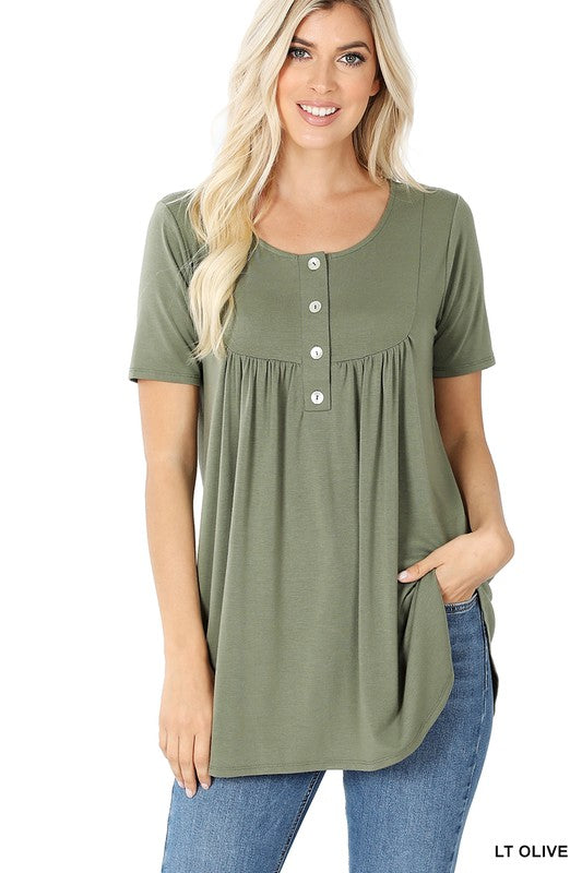 SHORT SLEEVE DOLPHIN HEM SHELL BUTTON TOP