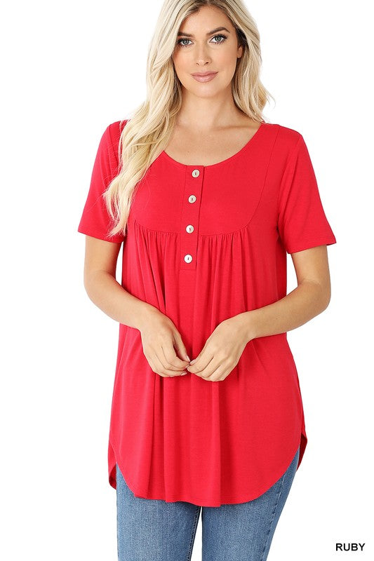 SHORT SLEEVE DOLPHIN HEM SHELL BUTTON TOP