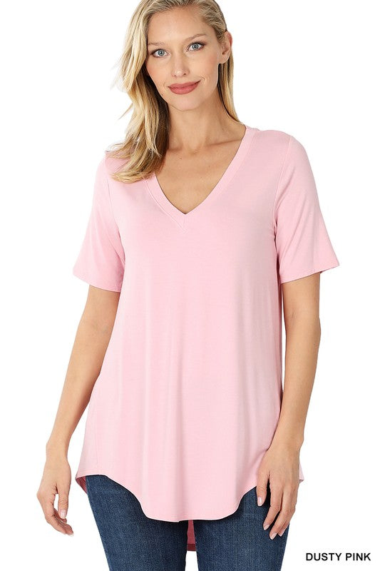 LUXE RAYON SHORT SLEEVE V-NECK HI-LOW HEM TOP