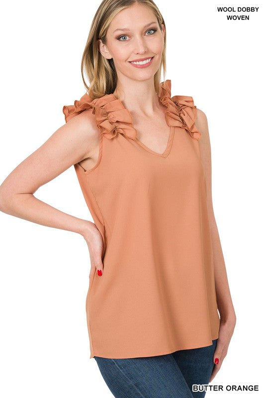 WOVEN WOOL DOBBY RUFFLE TRIM SLEEVELESS TOP