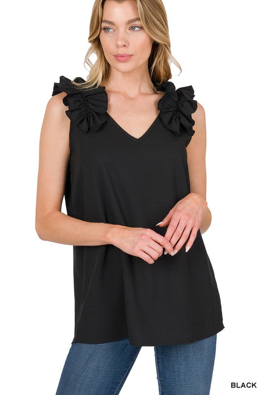 WOVEN WOOL DOBBY RUFFLE TRIM SLEEVELESS TOP