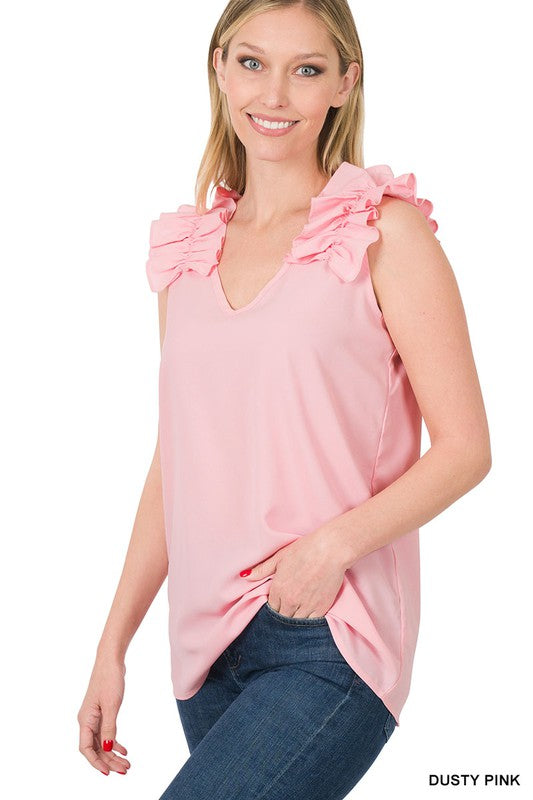 WOVEN WOOL DOBBY RUFFLE TRIM SLEEVELESS TOP