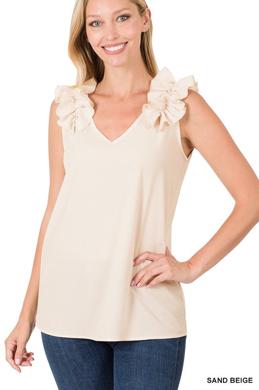 WOVEN WOOL DOBBY RUFFLE TRIM SLEEVELESS TOP