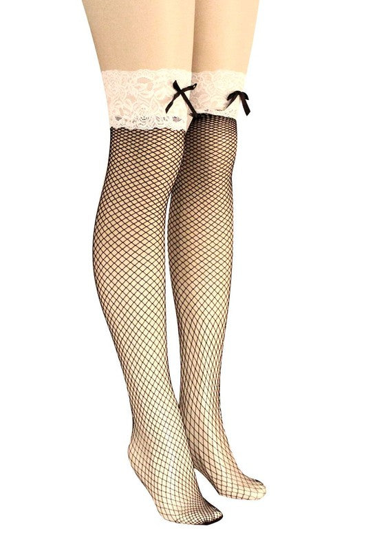 White Top Ribbon Knee High Fish Net Black Stocking