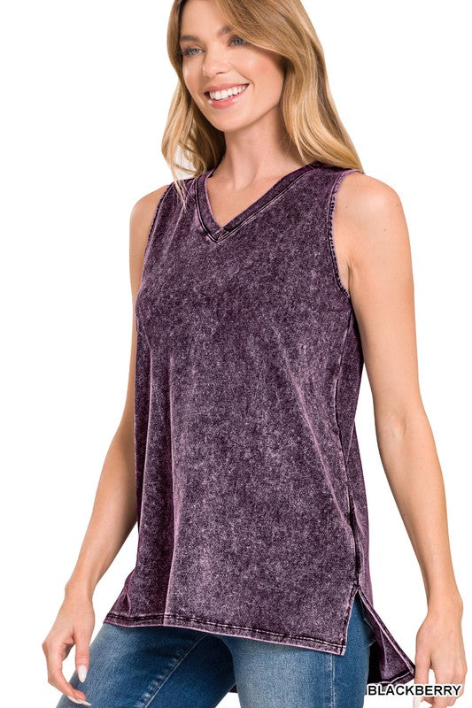 MINERAL WASH SLEEVELESS V-NECK TOP WITH SIDE SLIT