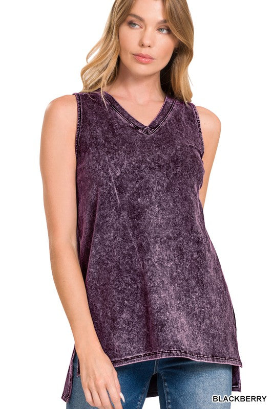 MINERAL WASH SLEEVELESS V-NECK TOP WITH SIDE SLIT