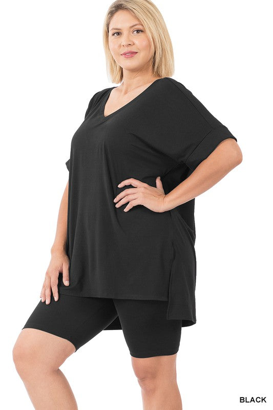 PLUS BRUSHED DTY MICROFIBER V-NECK TOP & BIKER