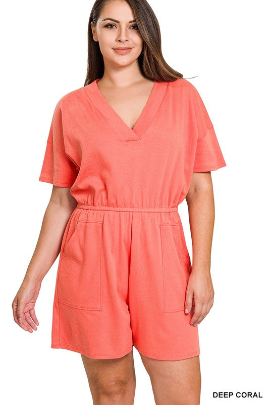 PLUS DROP SHOULDER V-NECK ROMPER WITH POCKETS