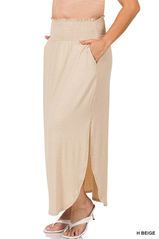 PLUS SMOCKED WAIST SIDE SLIT MAXI SKIRT