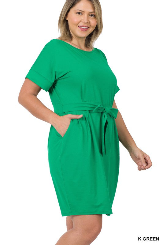 PLUS BRUSHED DTY TIE-BELT DRESS