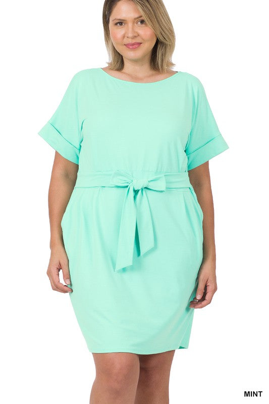 PLUS BRUSHED DTY TIE-BELT DRESS